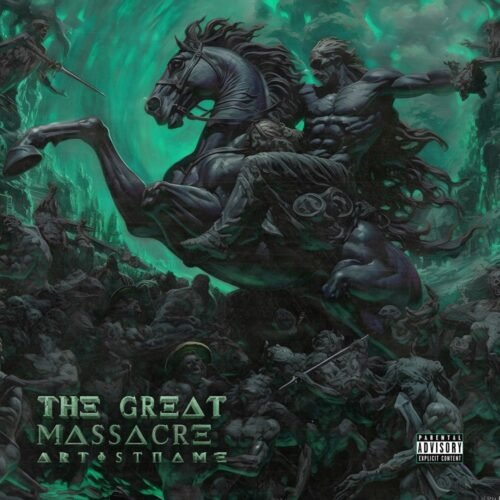 The Great Massacre premade album cover art - for Black Metal, Death Metal Music - style Dark Fantasy, Illustrated - in Green, Black Color