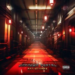 Unknown Portal premade album cover art - for Industrial, Dark Synth Music - style Cinematic Style, Sci-Fi Style - in Red, Orange Color