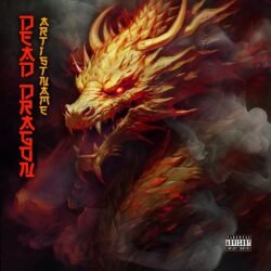 Dead Dragon premade album cover art - for Heavy Metal, Death Metal Music - style Dark Fantasy, Cinematic Style - in Red, Yellow Color
