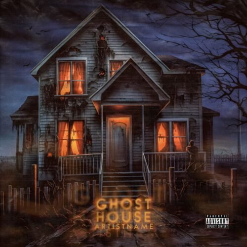 Ghost House premade album cover art - for Dark Pop, Hip-Hop Music - style Dark Fantasy, Illustrated - in Blue, Orange Color
