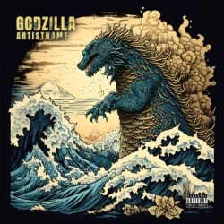 Godzilla premade album cover art - for Alternative Metal, Heavy Metal Music - style Illustrated, Ukiyo-E - in Black, Blue Color