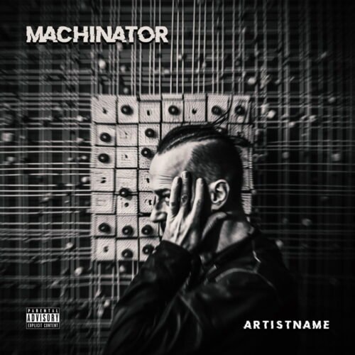Machinator premade album cover art - for Industrial, Industrial Metal Music - style Monochrome, Cyberpunk - in Black, White Color