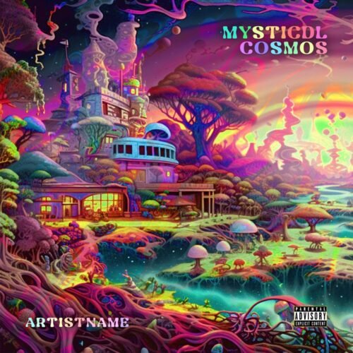 Mystical Cosmos premade album cover art - for Psychedelic Rock, Psychedelic Pop Music - style Psychedelic Art, Surrealist - in Purple, Blue Color