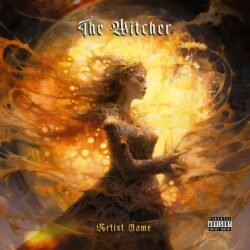 The Witcher premade album cover art - for Dark Folk, Ambient Music - style Dark Fantasy, Illustrated - in Orange, Yellow Color