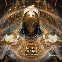 Alien Enemy premade album cover art - for Heavy Metal, Industrial Metal Music - style Sci-Fi Style, Futuristic Style - in Orange, Yellow Color