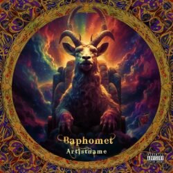 Baphomet black metal premade album cover art - for Black Metal, Death Metal Music - style Dark Fantasy, Surrealist - in Red, Orange Color