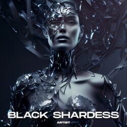 Black Shardess women portrait premade album cover art - for Industrial, Dark Electro Music - style Cyberpunk, Dark Surrealism - in Black, Grey Color