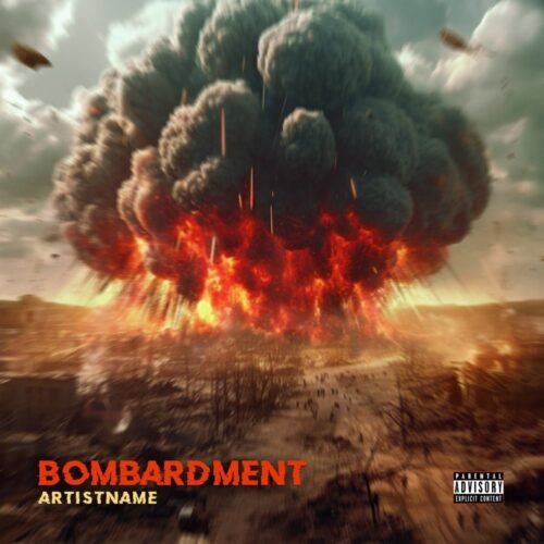 Bombardment premade album cover art - for Heavy Metal, Thrash Metal Music - style Cinematic Style, Photographic - in Red, Orange Color