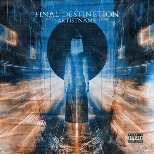 Final Destination premade album cover art - for Dark Electro, Industrial Music - style Cyberpunk, Sci-Fi Style - in Blue, Orange Color