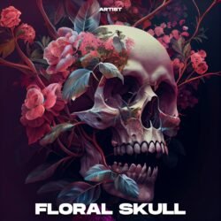 Floral Skull premade album cover art - for Dark Pop, Indie Rock Music - style Dark Surrealism, Illustrated - in Red, Pink Color