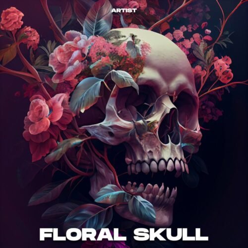 Floral Skull premade album cover art - for Dark Pop, Indie Rock Music - style Dark Surrealism, Illustrated - in Red, Pink Color