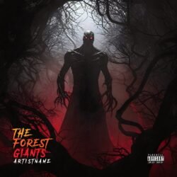 Forest Giants premade album cover art - for Black Metal, Death Metal Music - style Dark Fantasy, Dark Surrealism - in Black, Red Color