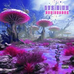 Lucidity psilocybin mushroom premade album cover art - for Hyperpop, Psychedelic Pop Music - style Acid Graphics, Cyberpunk - in Pink, Purple Color