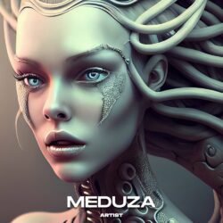 Medusa premade album cover art - for Dark Synth, Synth-Pop Music - style Cyberpunk, Biopunk - in Green, Grey Color