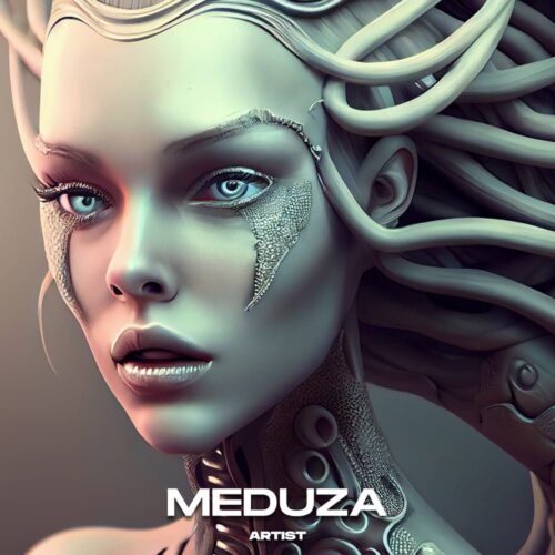 Medusa premade album cover art - for Dark Synth, Synth-Pop Music - style Cyberpunk, Biopunk - in Green, Grey Color