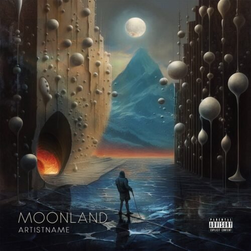 Moonland fantasy premade album cover art - for Ambient, Dark Ambient Music - style Surrealist, Dark Fantasy - in Blue, Grey Color