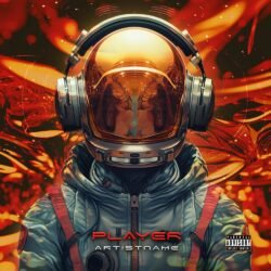 Player premade album cover art - for Electronic, Hip-Hop Music - style Sci-Fi Style, Cinematic Style - in Red, Orange Color