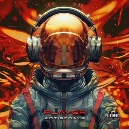 Player premade album cover art - for Electronic, Hip-Hop Music - style Sci-Fi Style, Cinematic Style - in Red, Orange Color