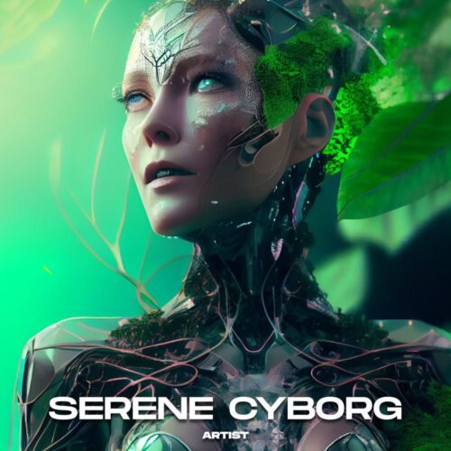 Serene Cyborg techno premade album cover art - for Ambient, Chillout Music - style Biopunk, Cinematic Style - in Green, Blue Color