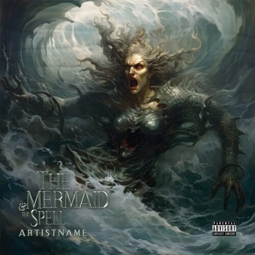 The Mermaid and The Spell premade album cover art - for Heavy Metal, Death Metal Music - style Dark Fantasy, Illustrated - in Green, Grey Color