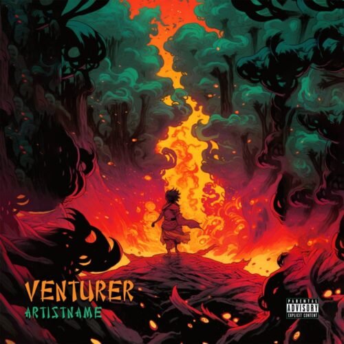 Venturer Comic style premade album cover art - for Alternative Rock, Heavy Metal Music - style Dark Fantasy, Illustrated - in Red, Orange Color