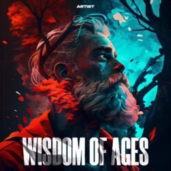 Wisdom of Ages portrait premade album cover art - for Ambient, Folk Music - style Conceptual Art, Cinematic Style - in Red, Blue Color