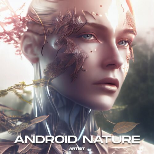 Android Nature premade album cover art - for Ambient, Ambient Pop Music - style Biopunk, Cinematic Style - in White, Brown Color