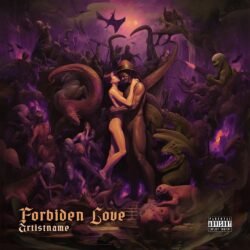 Forbidden love neoclassical metal premade album cover art - for Dark Ambient, Death Metal Music - style Dark Fantasy, Surrealist - in Red, Purple Color
