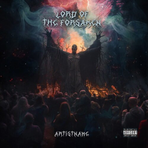Lord Of The Forsaken premade album cover art - for Black Metal, Death Metal Music - style Dark Fantasy, Cinematic Style - in Red, Orange Color