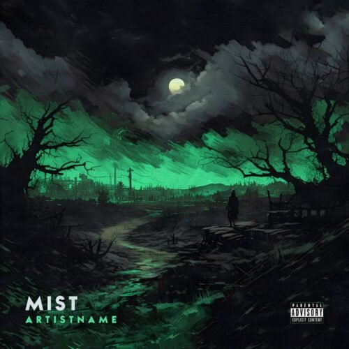Mist premade album cover art - for Dark Ambient, Dark Pop Music - style Dark Fantasy, Illustrated - in Green, Black Color