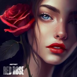 Red Rose premade album cover art - for Pop, R&B Music - style Hyperrealism, Cinematic Style - in Red, Black Color
