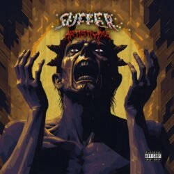 Suffer premade album cover art, premade album cover art, album cover art, suffer - for Alternative Metal, Death Metal Music - style Acid Graphics, Dark Fantasy - in Black, Yellow Color