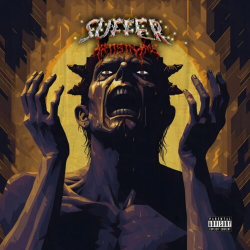 Suffer premade album cover art, premade album cover art, album cover art, suffer - for Alternative Metal, Death Metal Music - style Acid Graphics, Dark Fantasy - in Black, Yellow Color