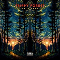 Trippy Forest premade album cover art, Trippy Forest - for Psychedelic Rock, Ambient Music - style Psychedelic Art, Post-Impressionism - in Blue, Yellow Color