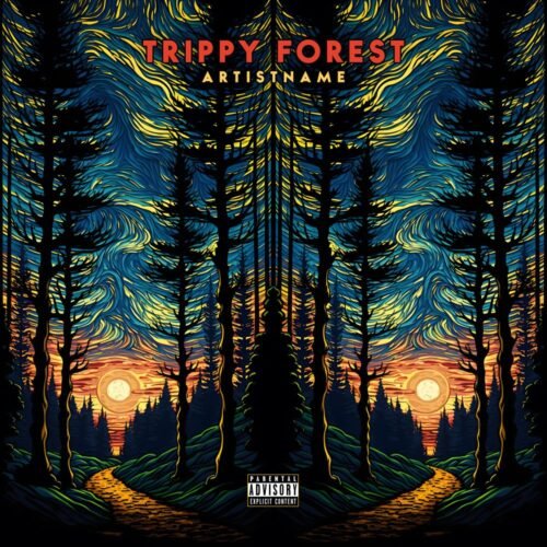 Trippy Forest premade album cover art, Trippy Forest - for Psychedelic Rock, Ambient Music - style Psychedelic Art, Post-Impressionism - in Blue, Yellow Color