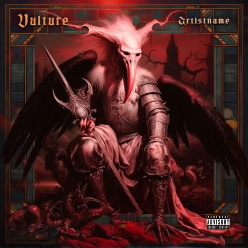 Vulture symphonic black metal premade album cover art - for Heavy Metal, Black Metal Music - style Dark Fantasy, Dark Surrealism - in Red, Black Color