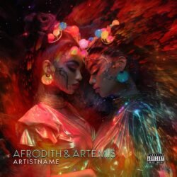 Aphrodite and Artemis premade album cover art - for R&B, Pop Music - style Cinematic Style, Surrealist - in Red, Orange Color