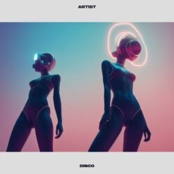 Disco premade album cover art - for Dance-Pop, Disco Music - style Afrofuturism, Cyberpunk - in Blue, Pink Color