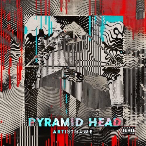 Pyramid Head premade album cover art - for Alternative Hip-Hop, Dark Electro Music - style Acid Graphics, Collage - in Red, Blue Color