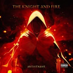 The Knight And Fire Premade Album Cover Art - For Heavy Metal, Power Metal Music - Style Dark Fantasy, Cinematic Style - In Red, Orange Color