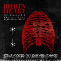 Broken heart premade book cover art - for Alternative Metal, Dark Pop Music - style Acid Graphics, Dark Surrealism - in Red, Black Color