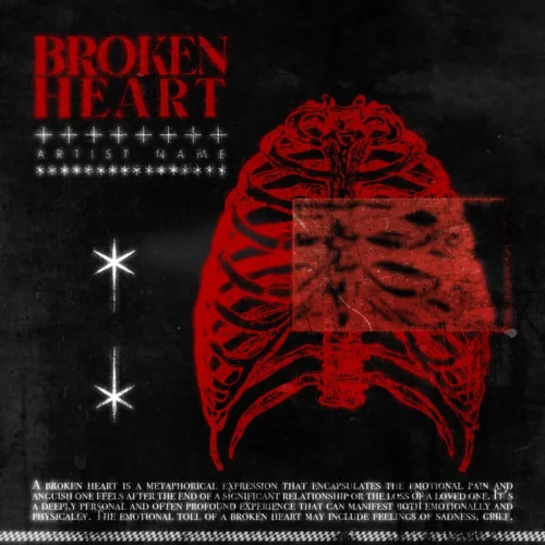 Broken heart premade book cover art - for Alternative Metal, Dark Pop Music - style Acid Graphics, Dark Surrealism - in Red, Black Color