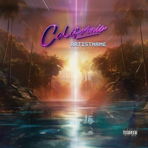 California exclusive digital artwork for premade album cover or book cover art - for Synth-Pop, Chillwave Music - style Retrowave, Synthwave Style - in Orange, Yellow Color