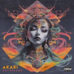 Akari premade Japanese woman portrait album cover art - for Electronic, Ambient Music - style Illustrated, Surrealist - in Red, Orange Color