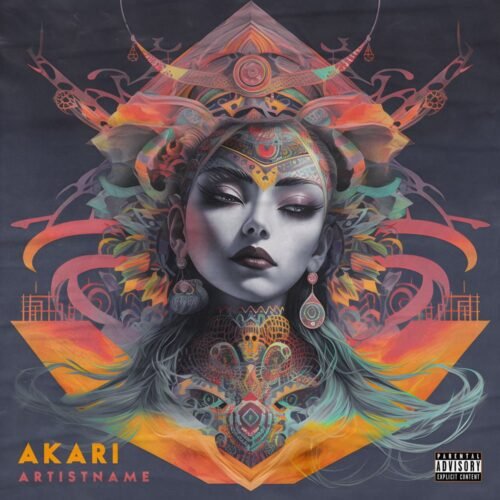 Akari premade Japanese woman portrait album cover art - for Electronic, Ambient Music - style Illustrated, Surrealist - in Red, Orange Color