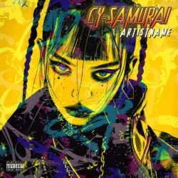 Cy-Samurai premade Japanese cyberpunk album cover art - for Electronic, Hyperpop Music - style Anime, Cyberpunk - in Yellow, Blue Color