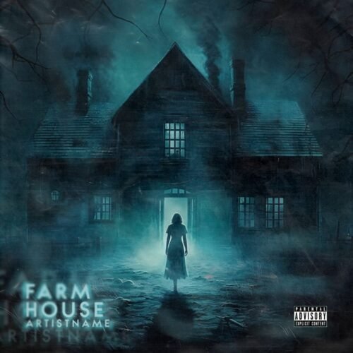 Farm House premade horror album cover art - for Dark Ambient, Dark Folk Music - style Cinematic Style, Dark Fantasy - in Blue, Black Color