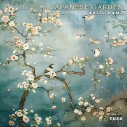 Japanese Garden premade japanese folk album cover art - for Ambient, Chillout Music - style Illustrated, Ukiyo-E - in Green, Cream Color