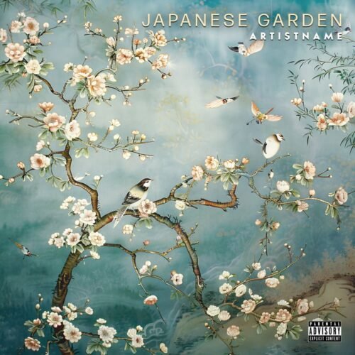 Japanese Garden premade japanese folk album cover art - for Ambient, Chillout Music - style Illustrated, Ukiyo-E - in Green, Cream Color