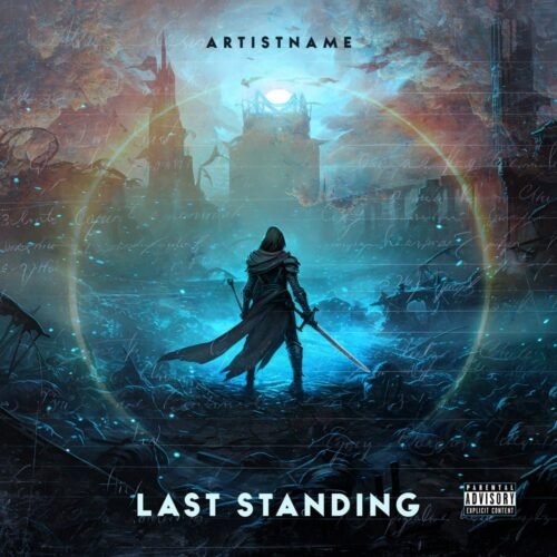 Last Standing premade power metal album cover art - for Heavy Metal, Dark Ambient Music - style Dark Fantasy, Cinematic Style - in Blue, Black Color